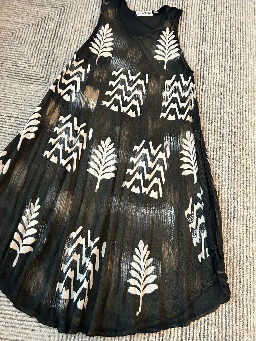 Jessica Taylor One Size Rayon Black Dress White Tribal Leaf Print Boho